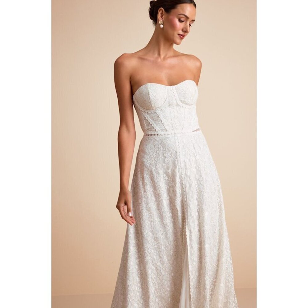 Lulus Eldoria White Lace Strapless Bustier Maxi Dress - Size M
